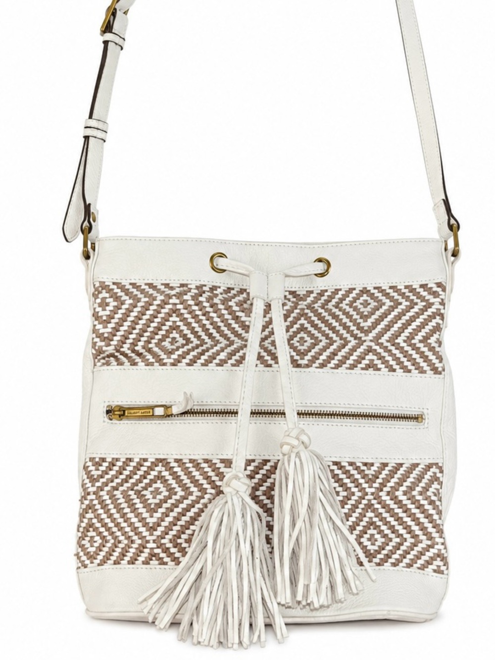 Elliott Lucca White Leather Woven Tassel Crossbody Bucket Bag Boho